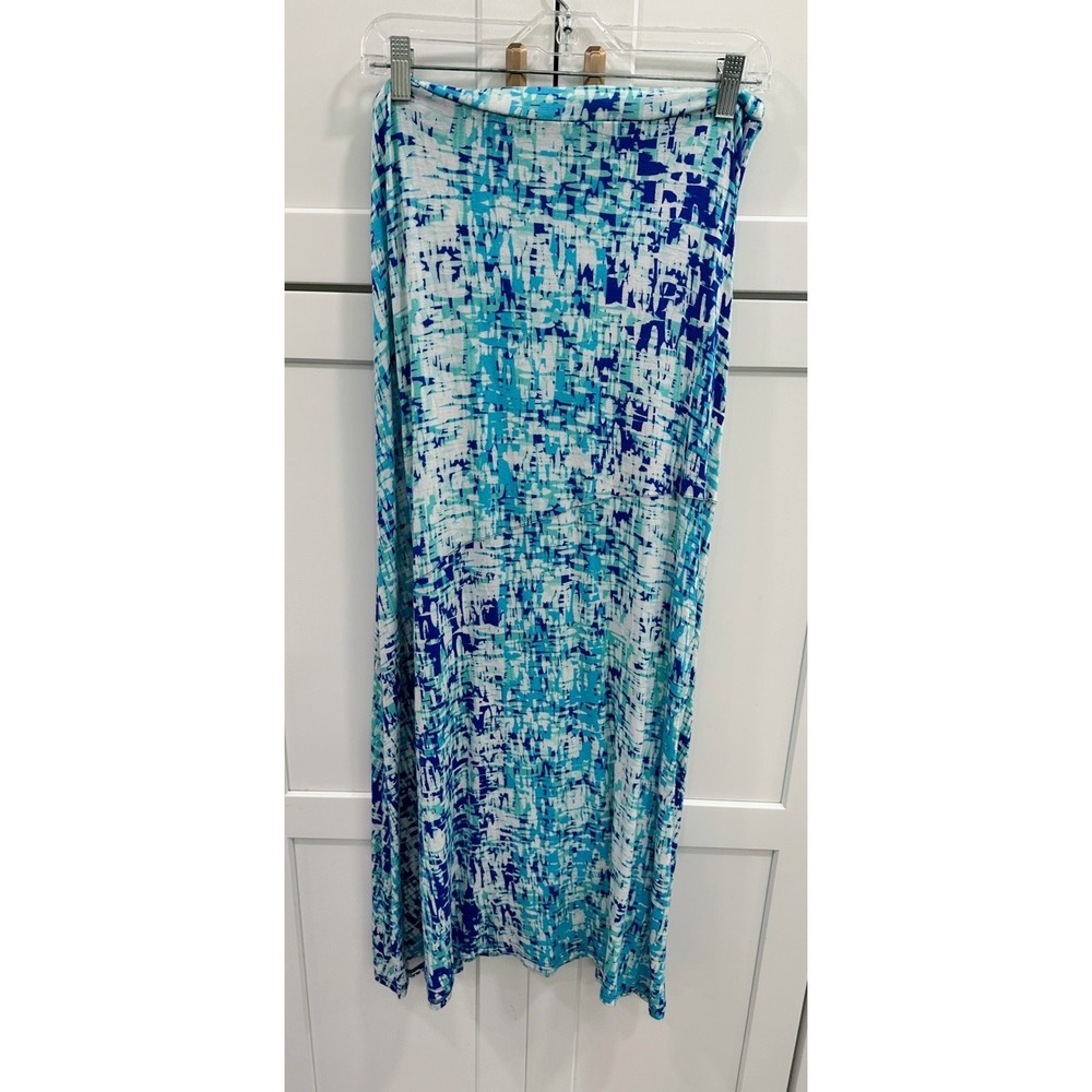 New Directions Women Small Blue Abstract Geometric Print Stretch Maxi Skirt‎